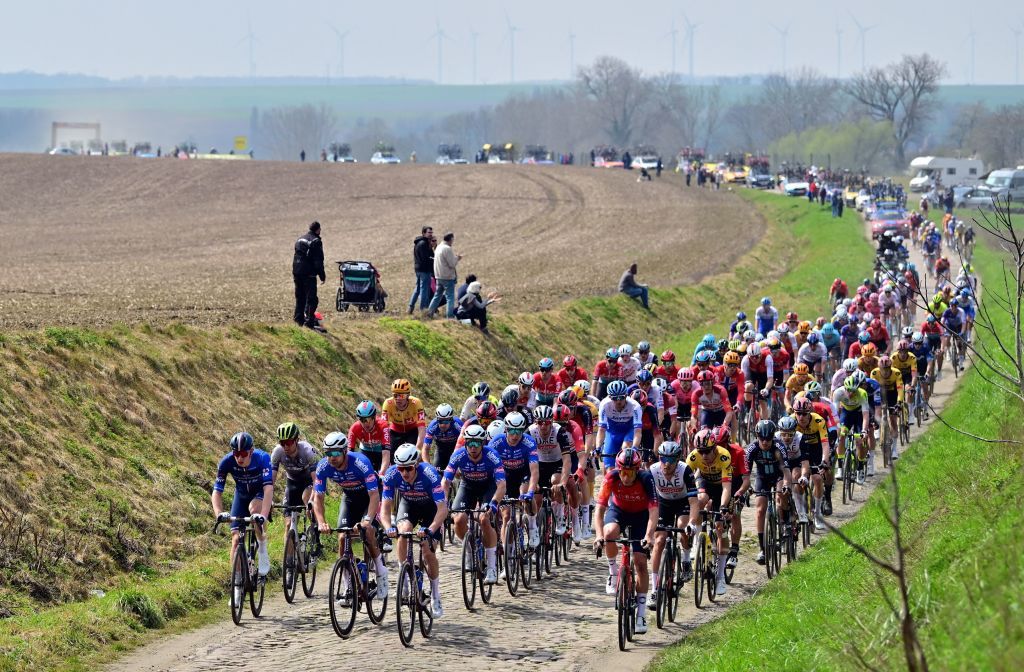 The pack of riders pictured in action during the mens elite race of the ParisRoubaix cycling event 2566km from Compiegne to Roubaix France on Sunday 09 April 2023 BELGA PHOTO DIRK WAEM Photo by DIRK WAEM BELGA MAG Belga via AFP Photo by DIRK WAEMBELGA MAGAFP via Getty Images