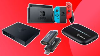 Product shots of the best capture card for Nintendo Switch with a Switch console on a red background