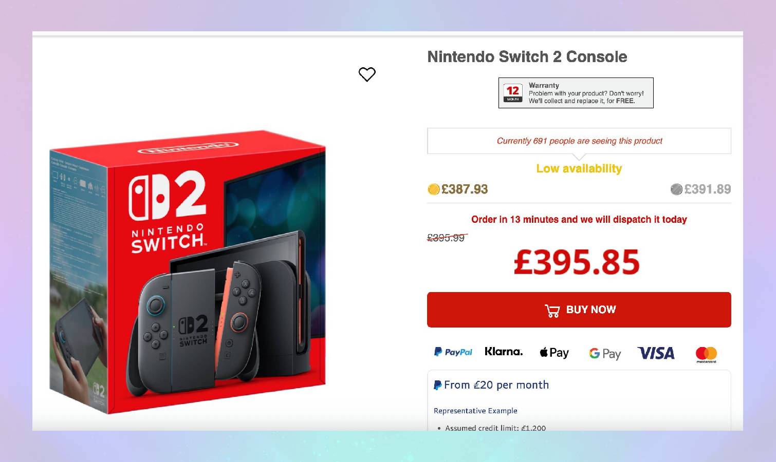 Screenshot of ShopTo Nintendo Switch 2 listing page on colored background