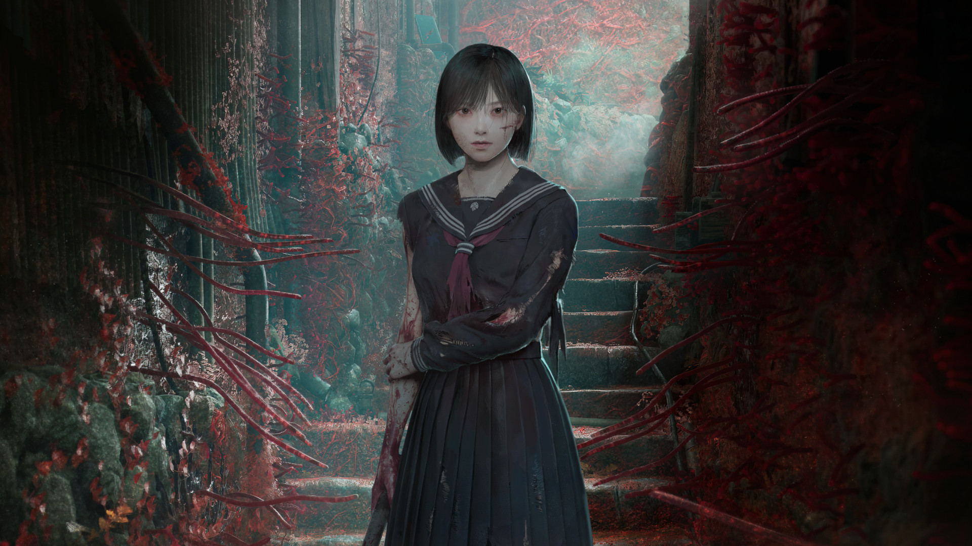 Key art for Silent Hill f, cropped for a thumbnail, showing Hinako Shimizu standing in an alley of Ebisugaoka, a 1960s rural Japanese town, which has been taken over by red sprouting growths, including spider lilies