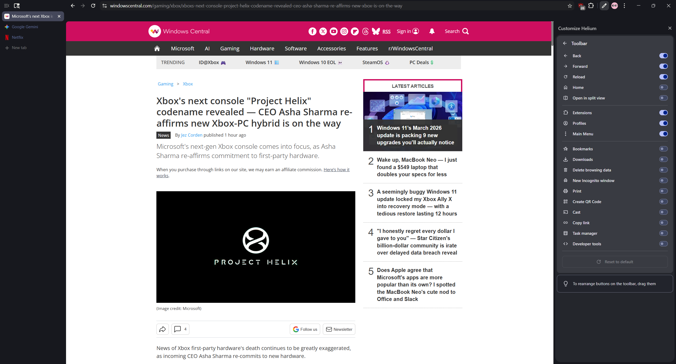 Customizing the Toolbar layout in Helium browser