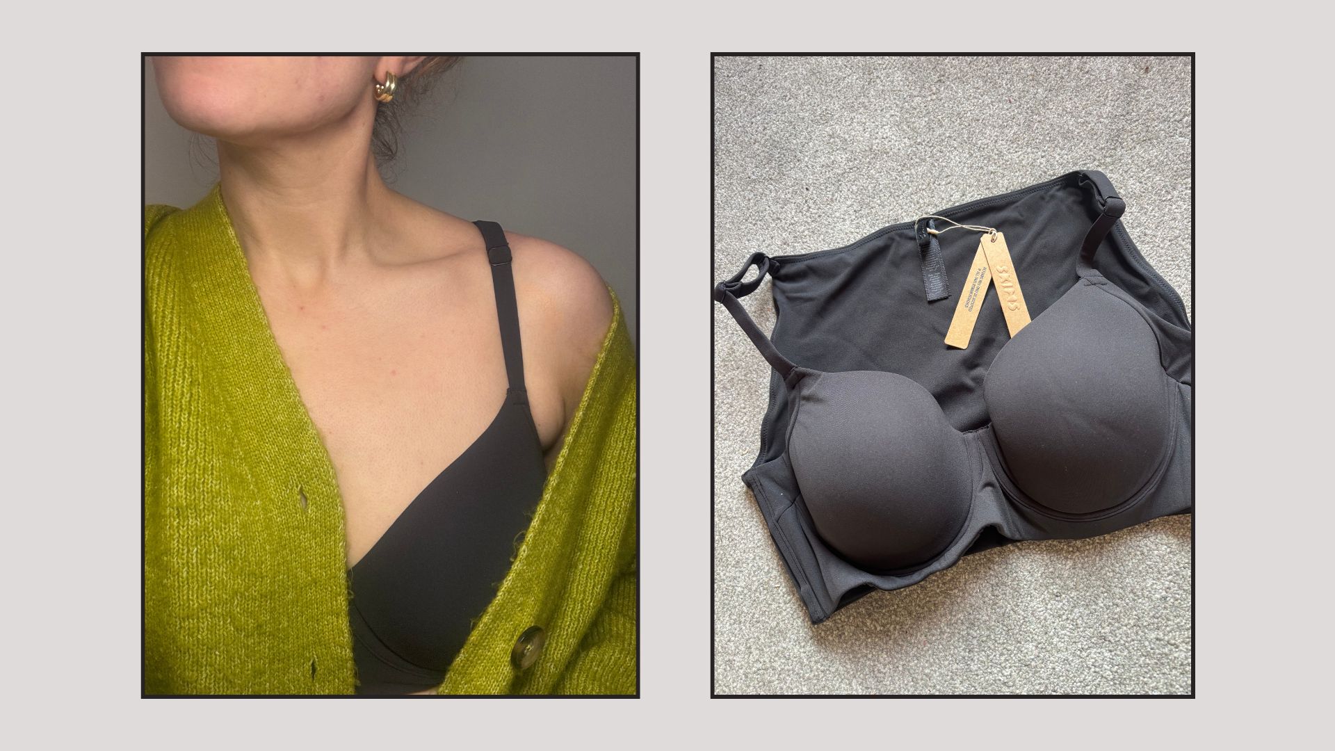 matilda wearing the skims smoothing bra next to a flat lay shot