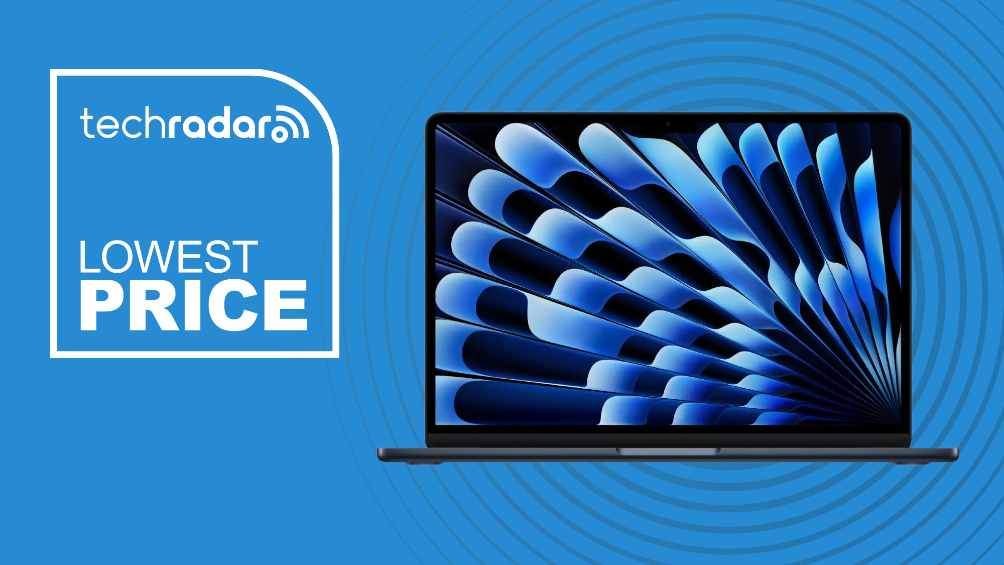 The M4 MacBook Air 13-inch on a blue background with the TechRadar logo and text reading &#039;LOWEST PRICE&#039;.