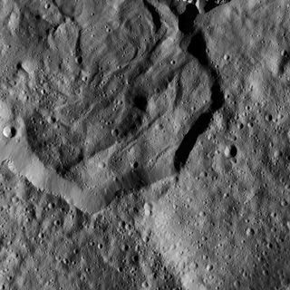 This image, which was taken by NASA's Dawn probe on Dec. 19 from a distance of 240 miles (385 kilometers), shows the 25-mile-wide (40 km) Messor Crater.