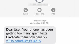 A scam text telling me to click on a suspicious link in order to block spam texts