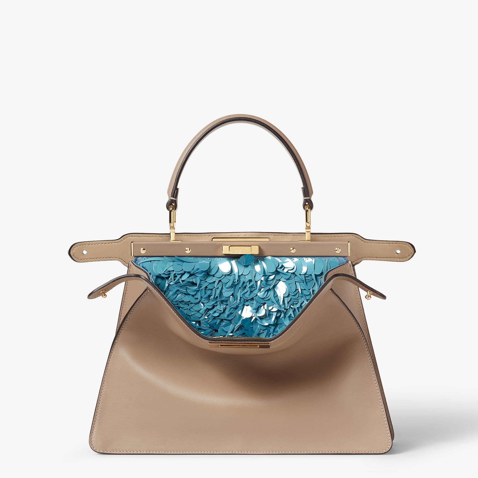 Peekaboo Iseeu Medium Dove Grey Leather Bag With Aquamarine Blue Sequins