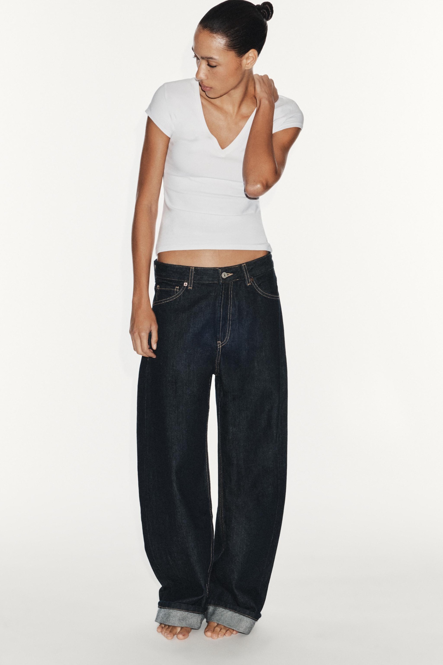 Trf Mid-Rise Baggy Folded Jeans - Dark Indigo - 25 (us 0)
