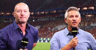 Alan Shearer and Gary Lineker look on following the 2018 FIFA World Cup Russia Semi Final match between England and Croatia at Luzhniki Stadium on July 11, 2018 in Moscow, Russia.