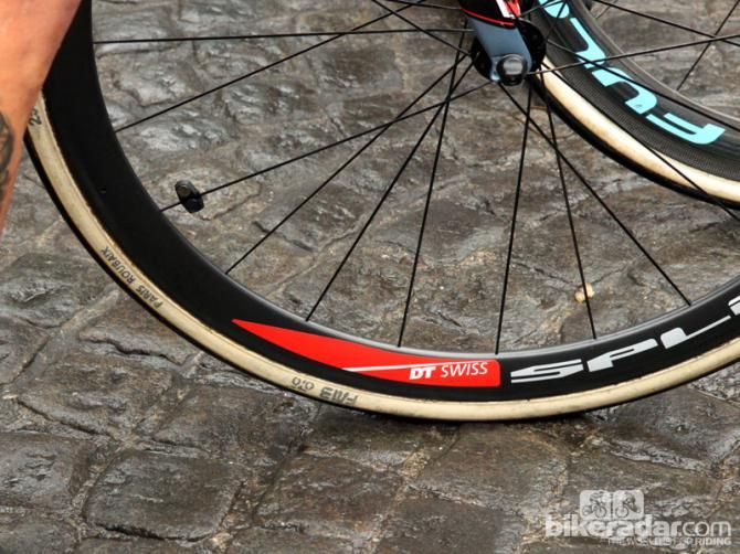 25mm-wide FMB Paris-Roubaix tubulars on DT Swiss carbon wheels for Sylvain Chavanel (IAM Cycling)