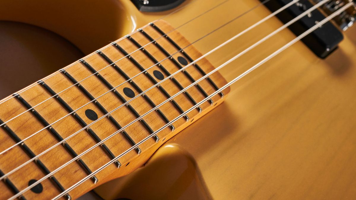 Closeup of a fretboard on a Fender Noventa Telecaster