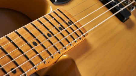 Closeup of a fretboard on a Fender Noventa Telecaster