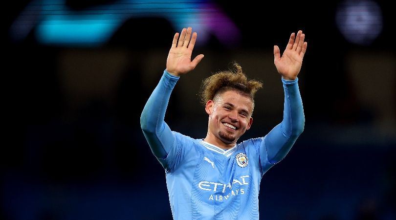 Kalvin Phillips acknowledges the Manchester City fans after his side&#039;s Champions League clash against Young Boys in November 2023.