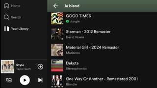 Screenshot of the Spotify Blend playlist with a selection of songs and artists