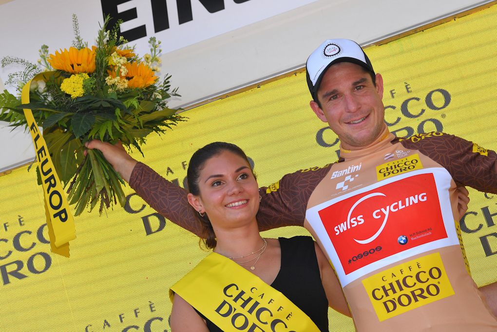 Claudio Imhof in the mountains jersey after stage 5 at Tour de Suisse