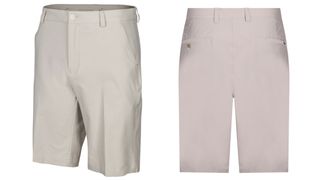 Two pairs of beige golf shorts front and back view