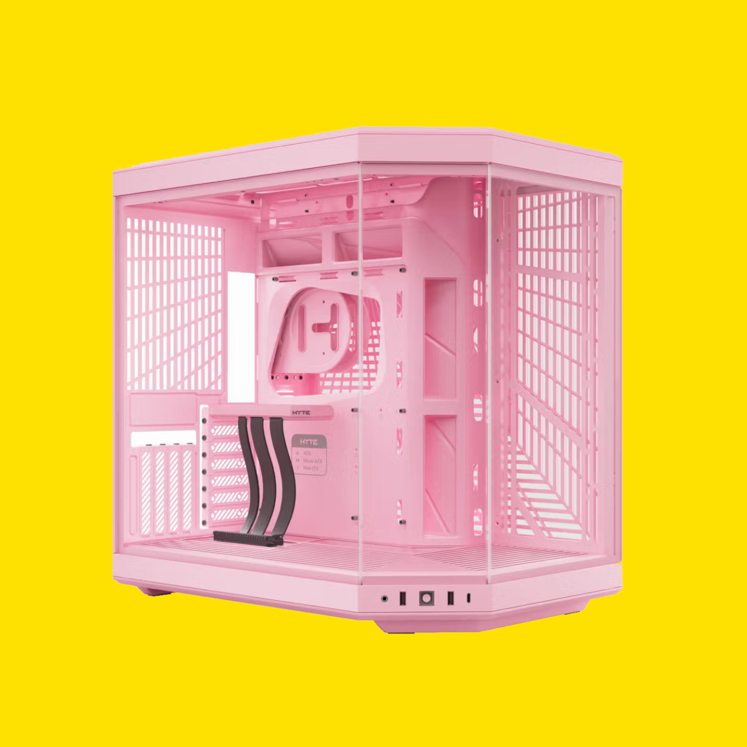 An image of a pink Hyte Y70 PC case against a bright yellow background