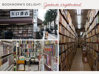 a collage of three images depicting bookstores in the Jimbocho neighborhood of Tokyo