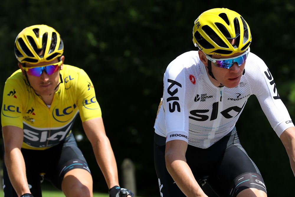 Chris Froome's Team Sky leads the peloton rides towards Raidillon Eau Rouge on Circuit de Spa-Francorchamps during stage three of the 2017 Le Tour de France