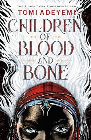 Children of Blood and Bone book one bok cover featuring a woman's forehead with white hair draped behind her