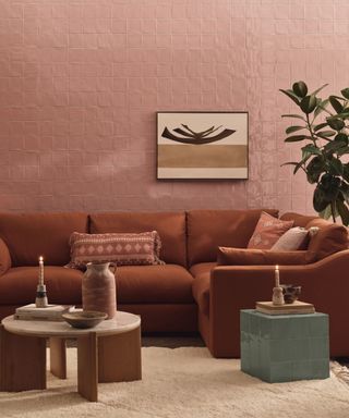 living room with pink tiles walls, a terracotta sofa and a fluffy white rug