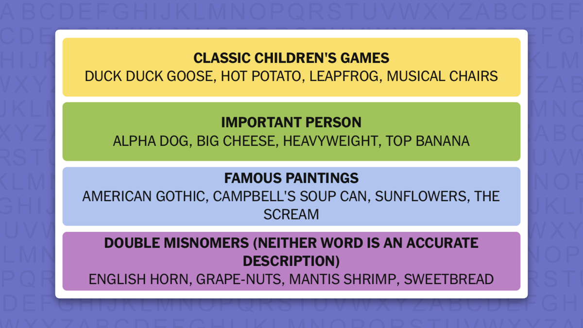 NYT Connections answers for game 1228 on a purple background