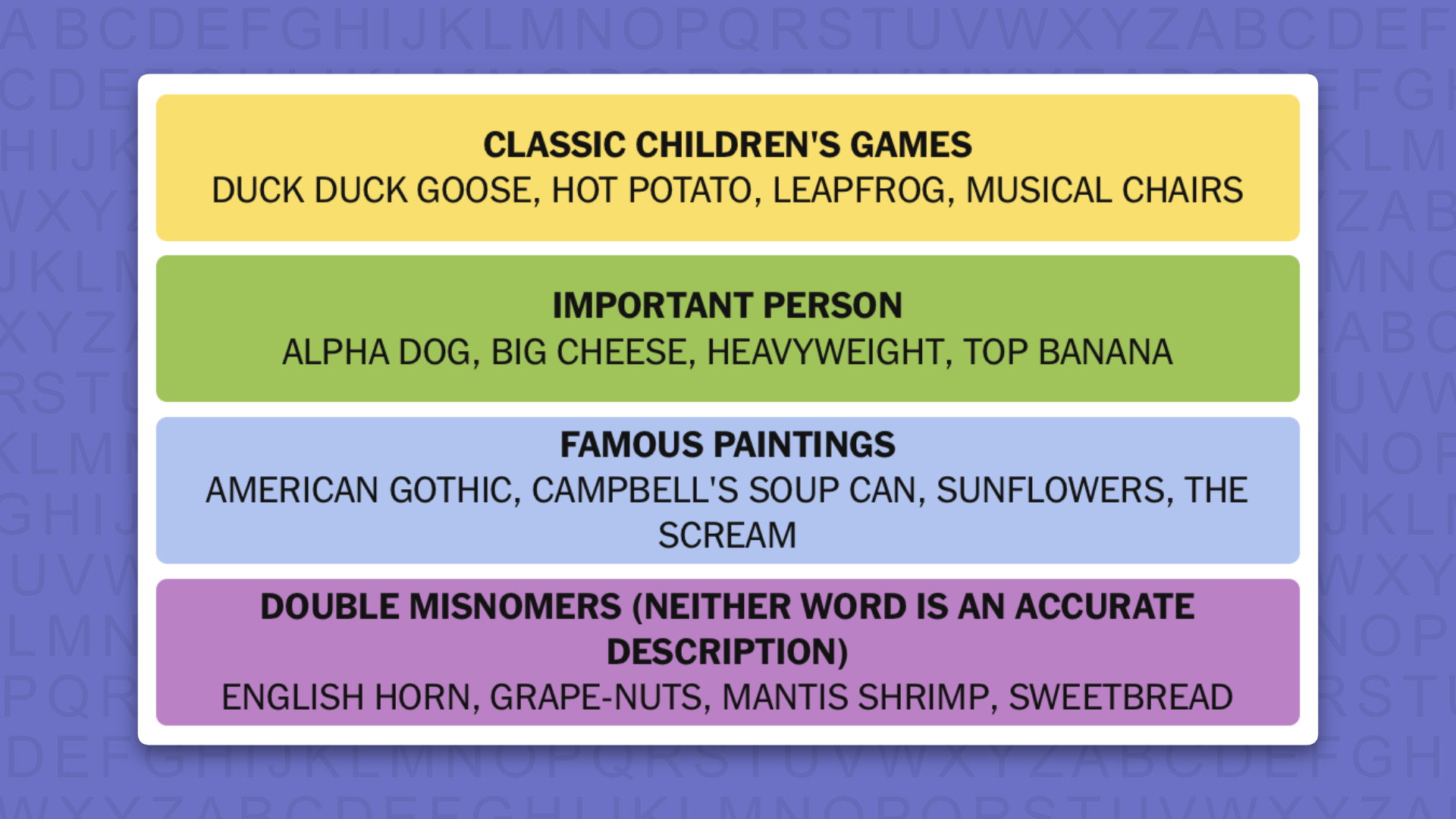 NYT Connections answers for game 1228 on a purple background