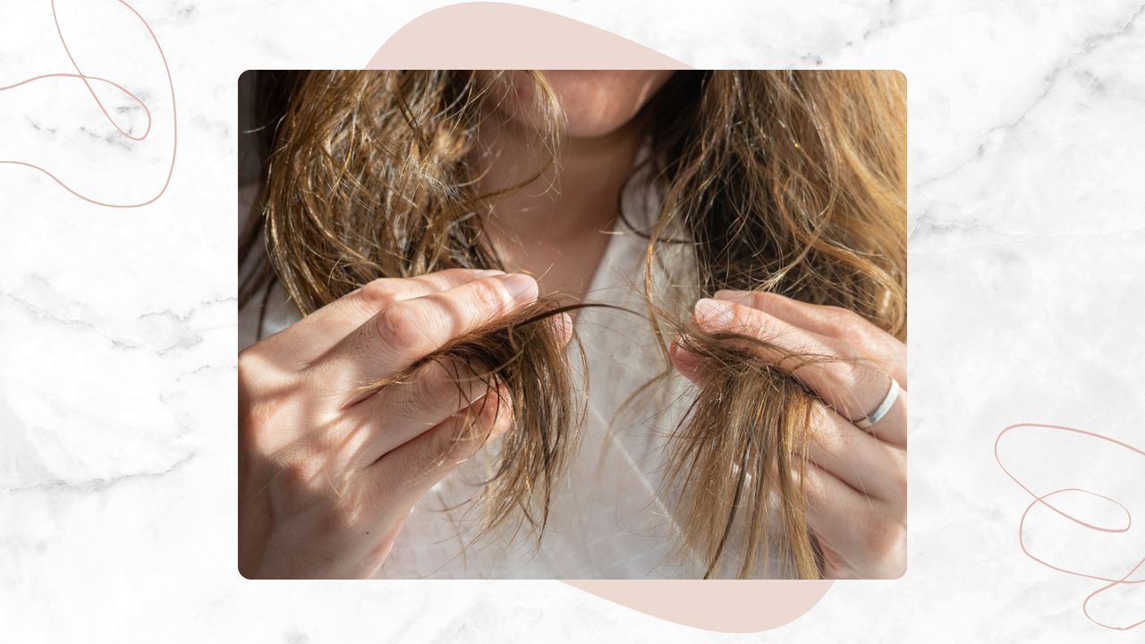 A close-up of a woman's hands, seen holding and inspecting the ends of her hair, whilst wearing a white bathroom robe/ featured in a white and grey marbled template with pink wavy lines