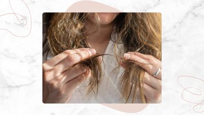 A close-up of a woman's hands, seen holding and inspecting the ends of her hair, whilst wearing a white bathroom robe/ featured in a white and grey marbled template with pink wavy lines