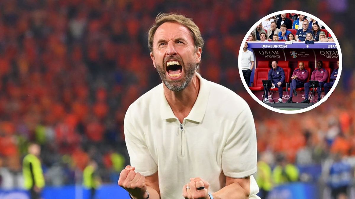 Gareth Southgate, Manager of England, Steve Holland, Assistant Manager of England, Paul Nevin, Jimmy Floyd Hasselbaink Assistants and Martyn Margetson goalkeeper coach on the bench during the UEFA EURO 2024 quarter-final match between England and Switzerland at Düsseldorf Arena on July 6, 2024 in Dusseldorf, Germany. (Photo by Richard Sellers/Sportsphoto/Allstar via Getty Images)