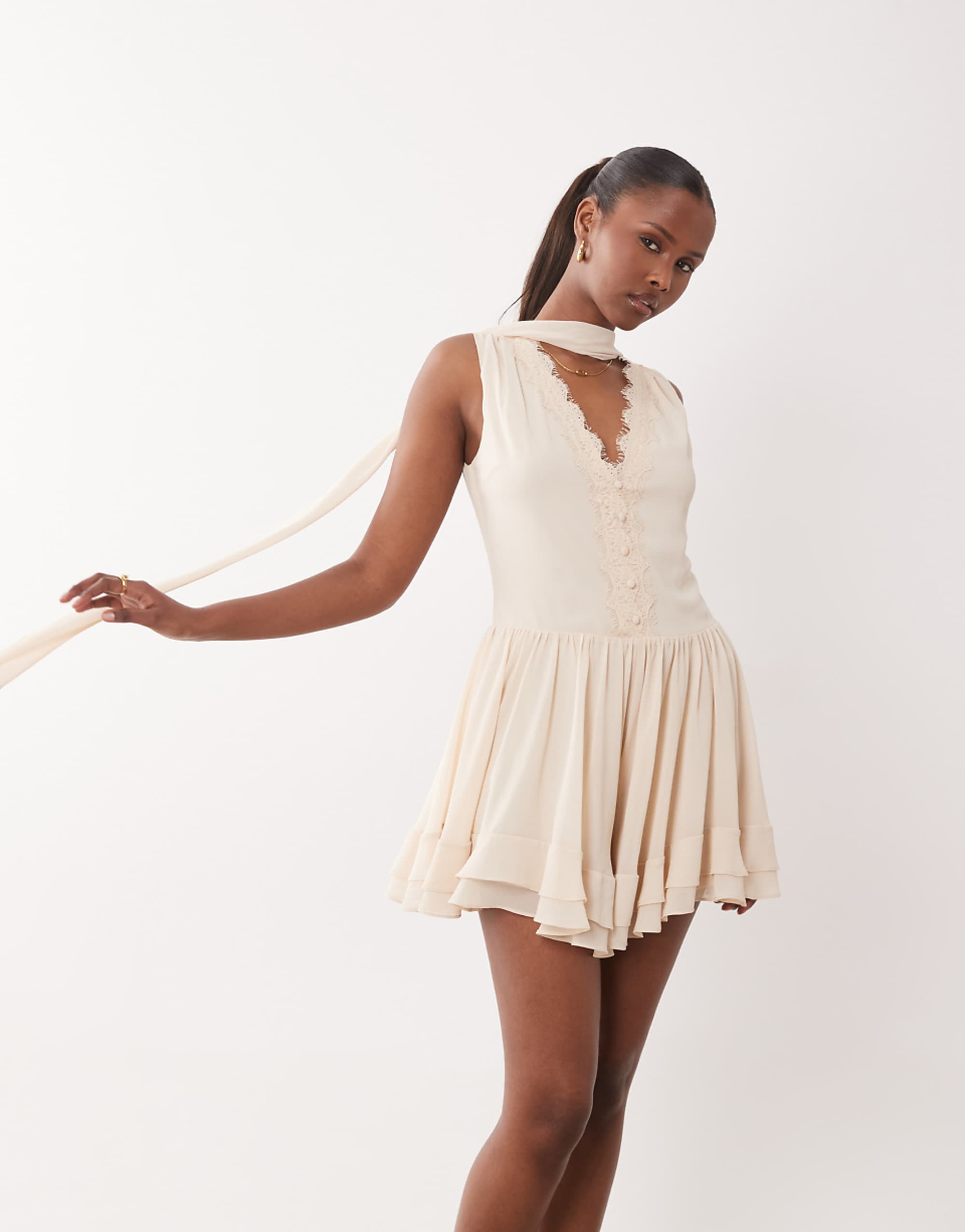 Tfnc Chiffon V-Neck Lace Detail Scarf Romper in Cream