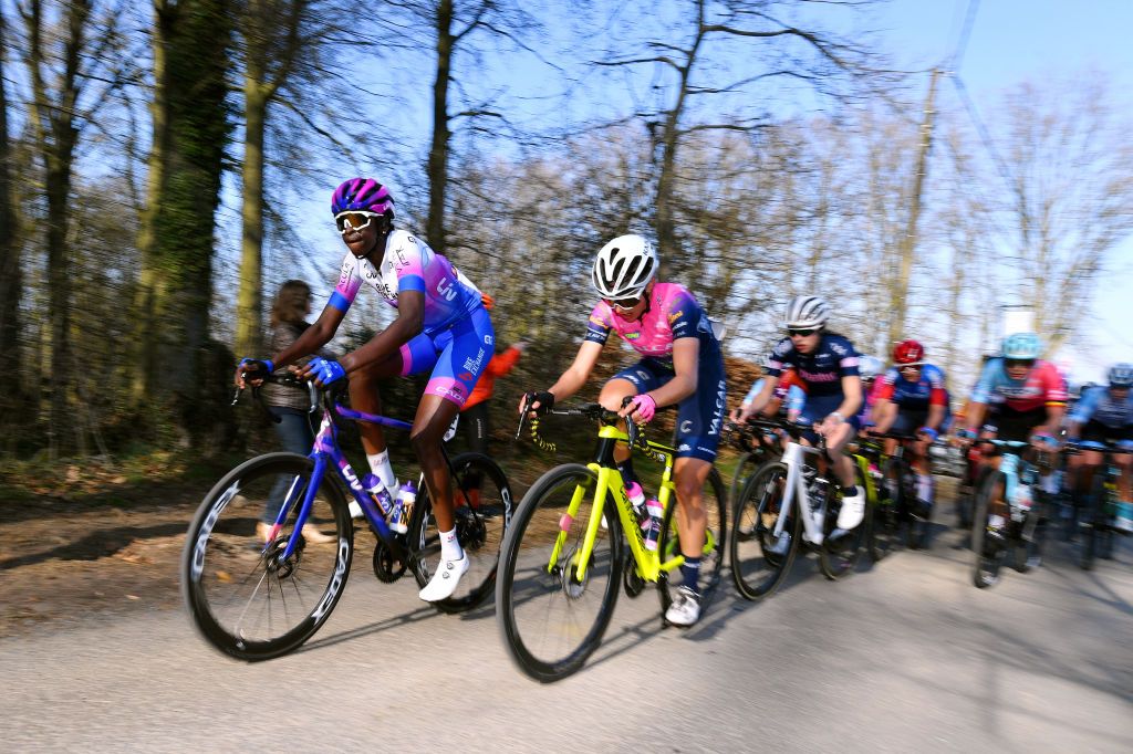 OETINGEN BELGIUM MARCH 09 Teniel Campbell of Trinidad And Tobago and Team BikeExchange Jayco and the peloton compete during the 2nd GP Oetingen 2022 Womens Elite a 130km one day race from Oetingen to Oetingen gpoetingen on March 09 2022 in Oetingen Belgium Photo by Luc ClaessenGetty Images