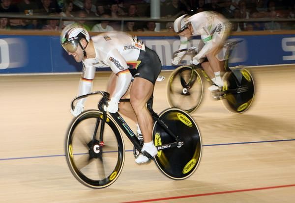 Robert Forstemann (Germany) attacks Shane Perkins (Australia) in their semi-final match.