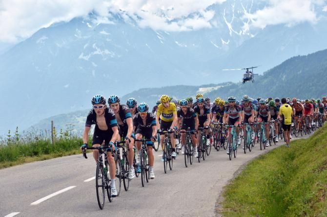 Geraint Thomas at the front of the Sky train