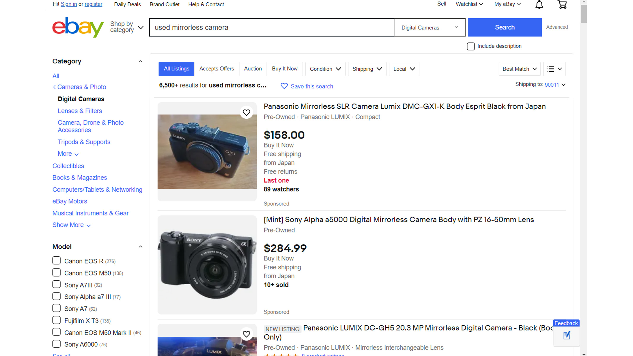 screenshot of ebay showing cameras for sale