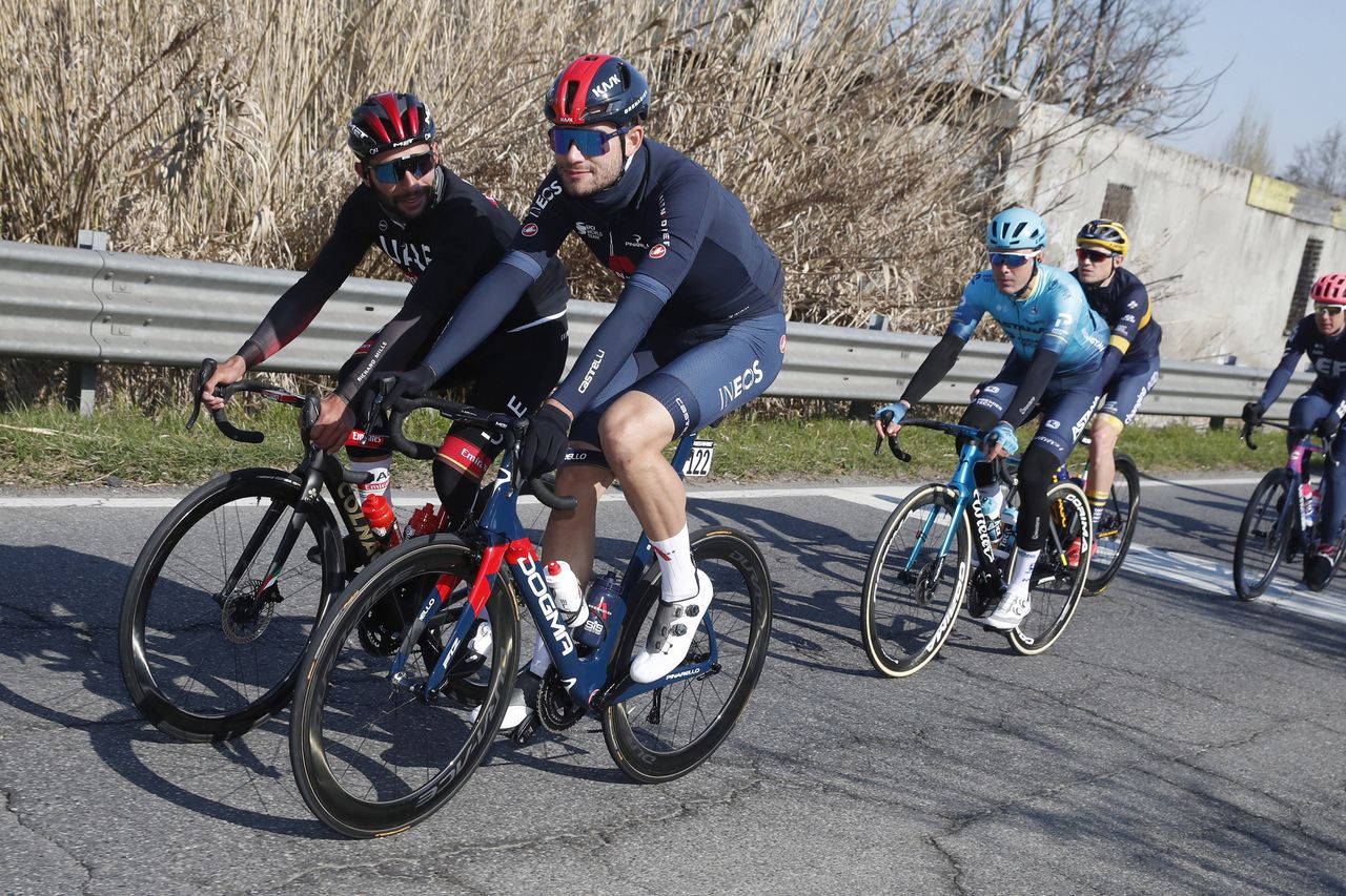 Filippo Ganna chats to Fernando Gaviria during the early kilometres of Milan-San Remo