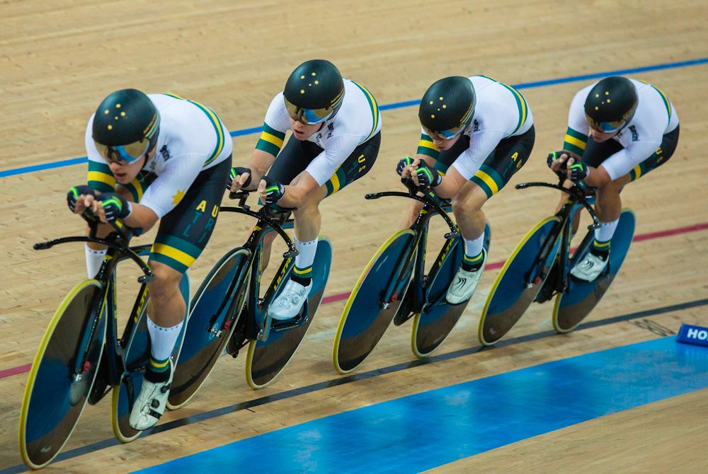 Members of the Australian cycling team compete in the Men's Team Pursuit final at the Hong Kong Velodrome during the 2017 Track Cycling World Championships in Hong Kong