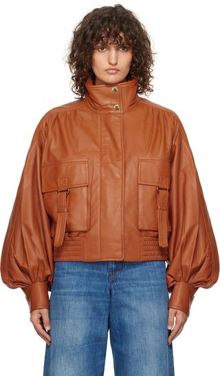 Orange Illustration Leather Biker Jacket