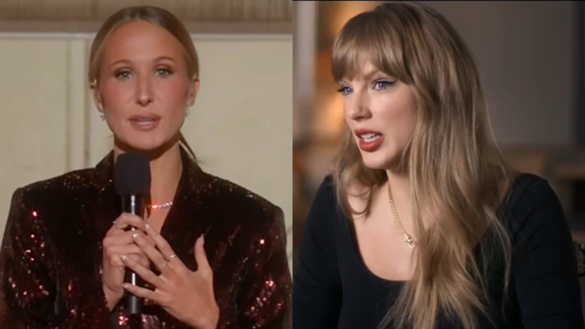 From left to right: Nikki Glaser holding a mic and talking during The Golden Globes and Taylor Swift talking during End of an Era. 