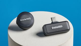 Insta360 Mic Air photographed on a blue background