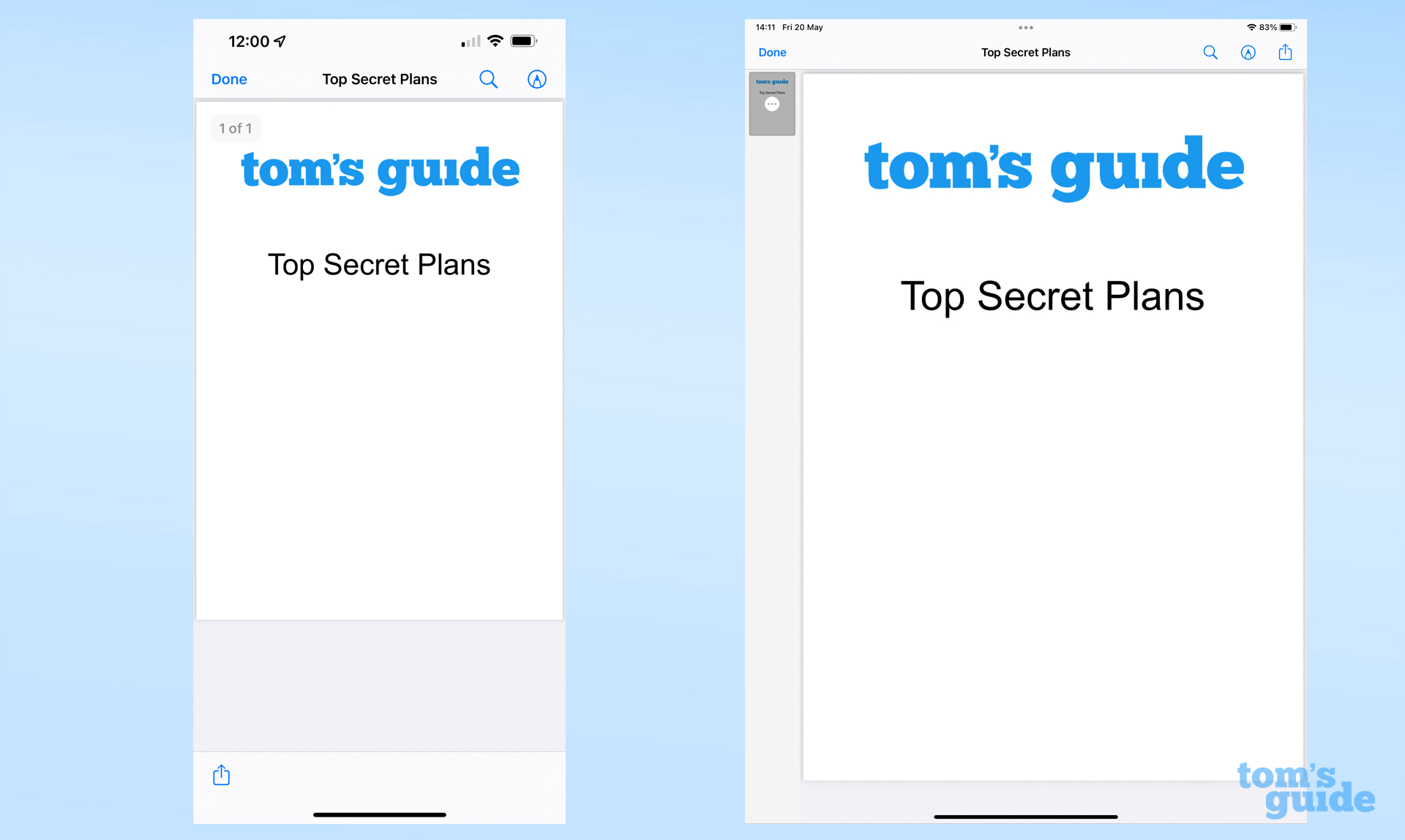 Screenshot of iPhone and iPad side by side.  Shows the PDF preview window.