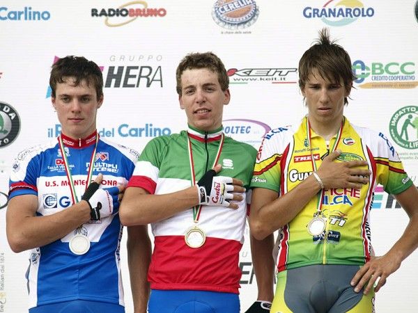 The Italian Junior men's road race podium: (L-R) Enrico Dalla Costa (IU.S. Montecorona), Andrea Zordan (GCD Contri Autozai Liotto) and Andrea Fedi (GS U. Signori).