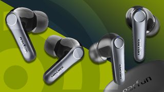 Earfun Air Pro 4 (left) and Earfun Air Pro 3 (right) earbuds, on green TR background