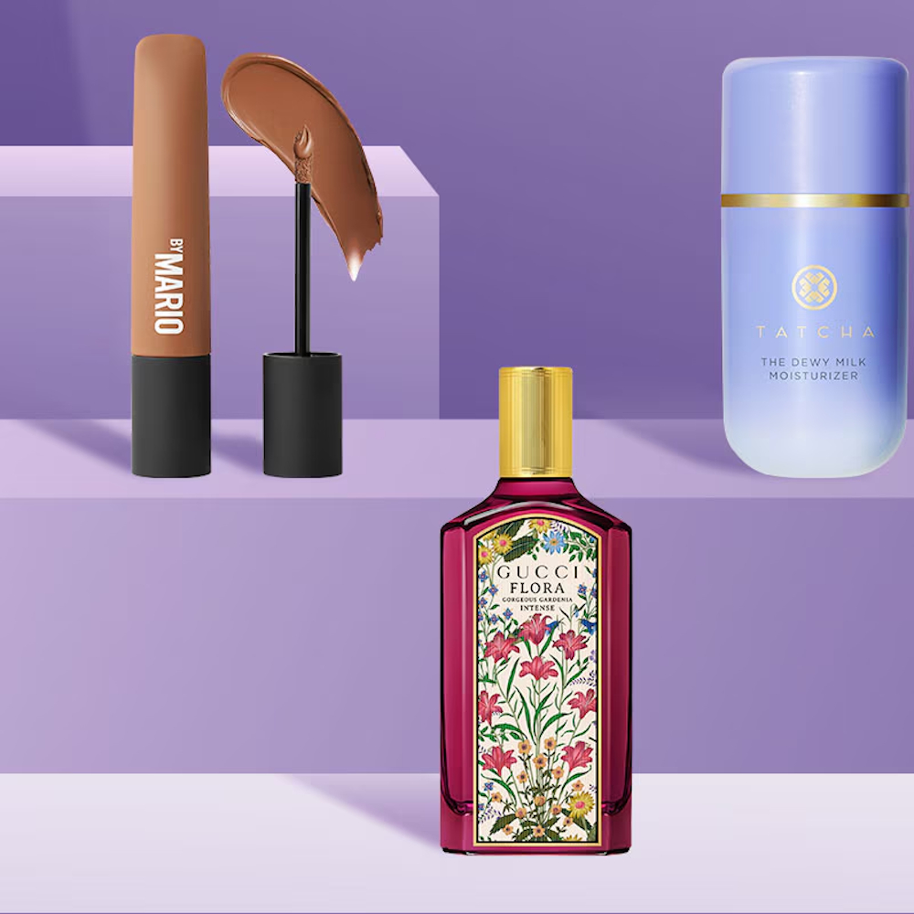 3 beauty products available at Sephora on a purple background
