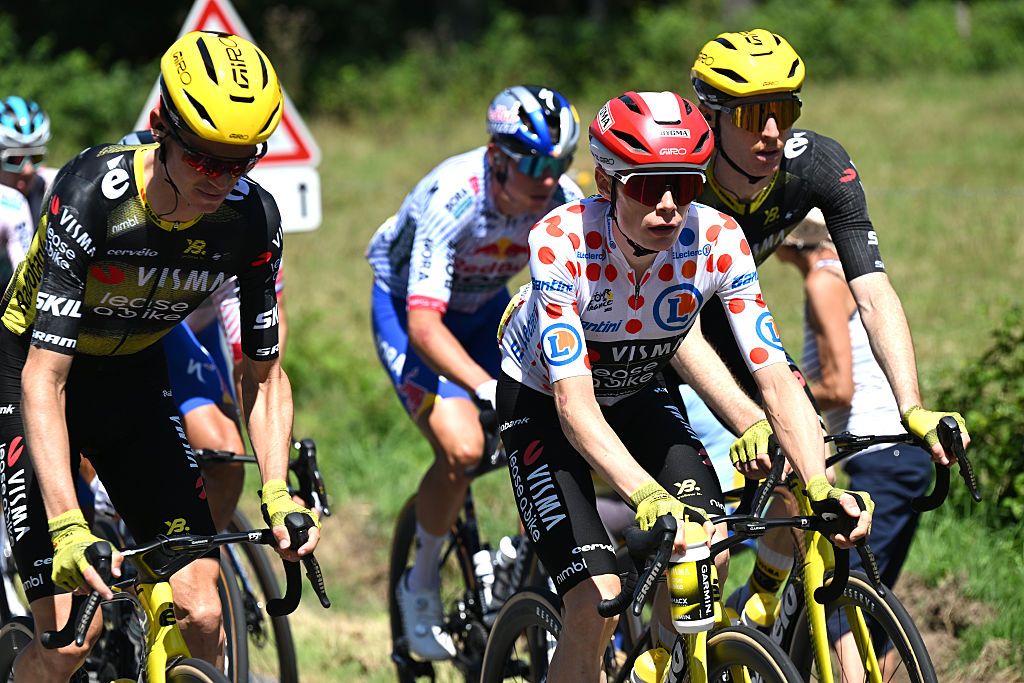 VIRE NORMANDIE, FRANCE - JULY 10: (L-R) Sepp Kuss of The United States and Jonas Vingegaard of Denmark and Team Visma | Lease a Bike- Polka dot Mountain Jersey during the 112th Tour de France, Stage 6 a 201.5km stage from Bayeux to Vire Normandie / #UCIWT / on July 10, 2025 in Vire Normandie, France. (Photo by Tim de Waele/Getty Images)