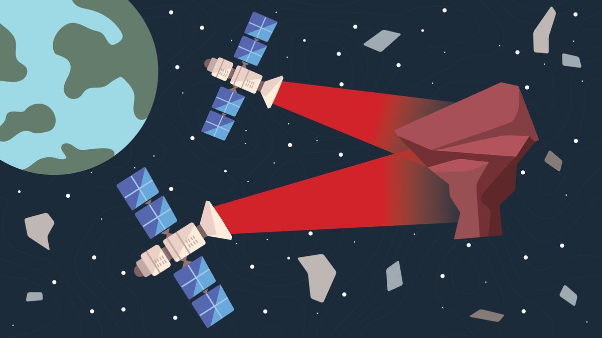 A graphic showing two red lasers pointing at dangerous debris floating around in space. The planet Earth is also part of the graphic. 