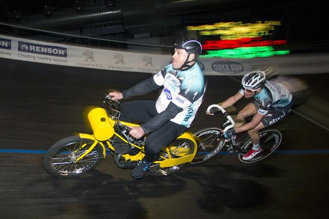 Tom Steels pilots the derny for track stalwart Iljo Keisse, who battled frequent Six-Day partrner Niki Terpstra in a derny race.