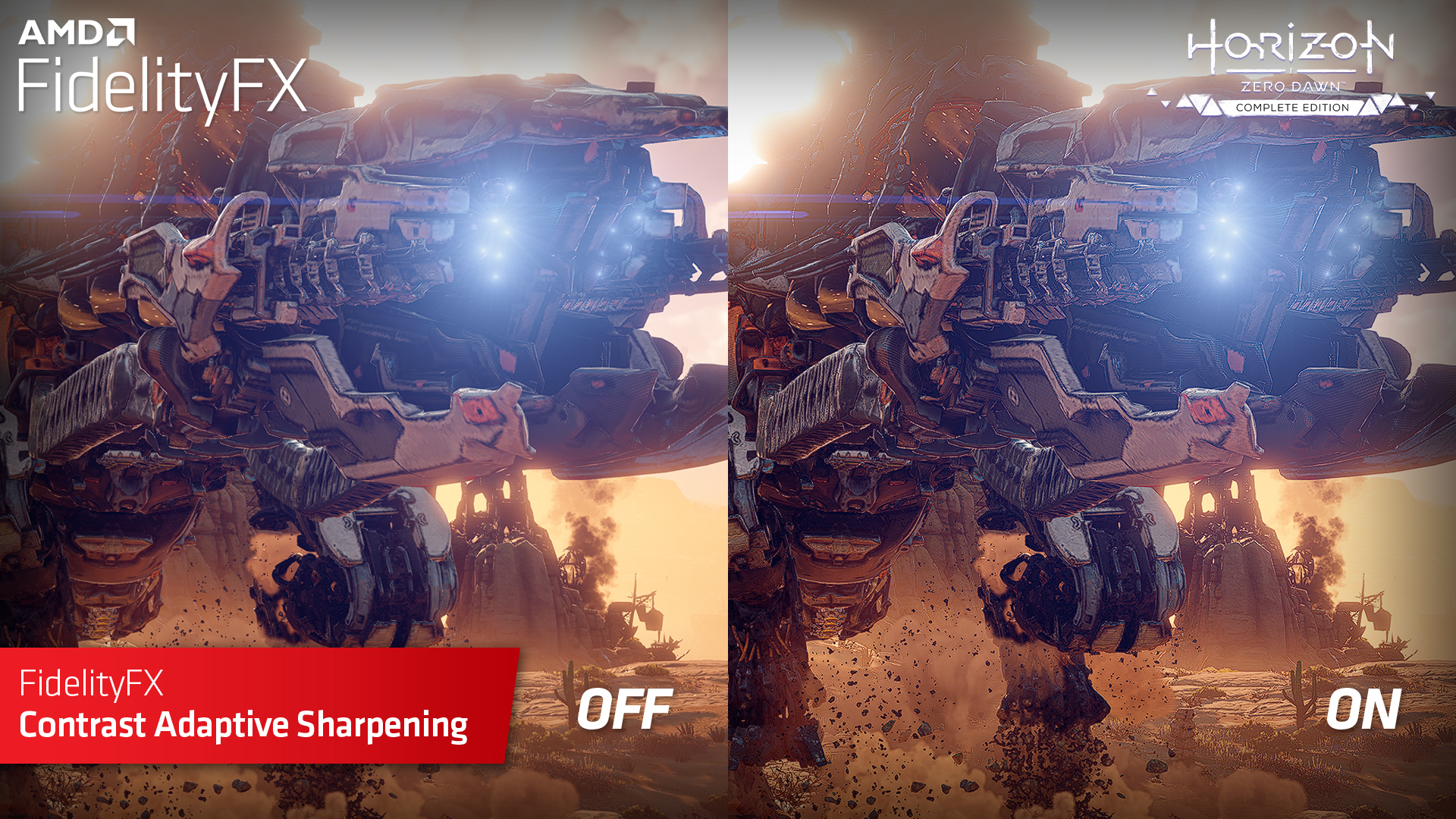 Example of FidelityFX Contrast Adaptive Sharpening on and off in Horizon Zero Dawn