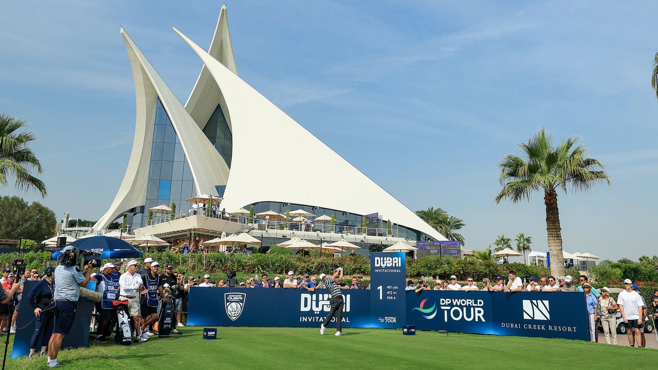 Rory McIlroy tees off on the first hole at Dubai Creek Golf Club in the 2026 Dubai Invitational