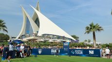 Rory McIlroy tees off on the first hole at Dubai Creek Golf Club in the 2026 Dubai Invitational
