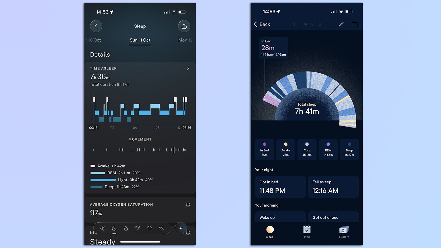 Screenshots from the Hatch app and the Oura app of sleep scores